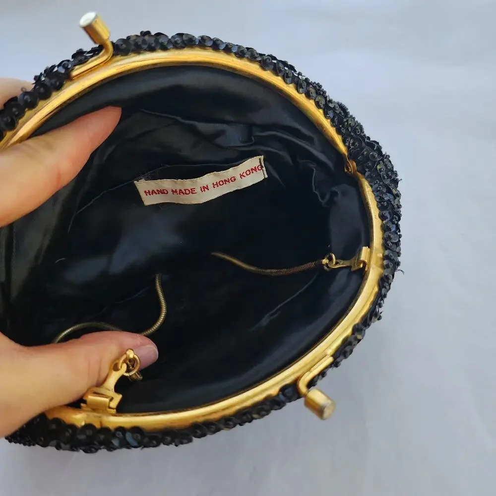 All Over Beaded Clutch Evening Bag Black Satin Vintage Handmade‎ In Hong Kong